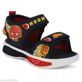 Stylish canvas and rubber buckle sandals for kids in black and red, featuring printed net design, suitable for boys and girls aged under 200 and 300